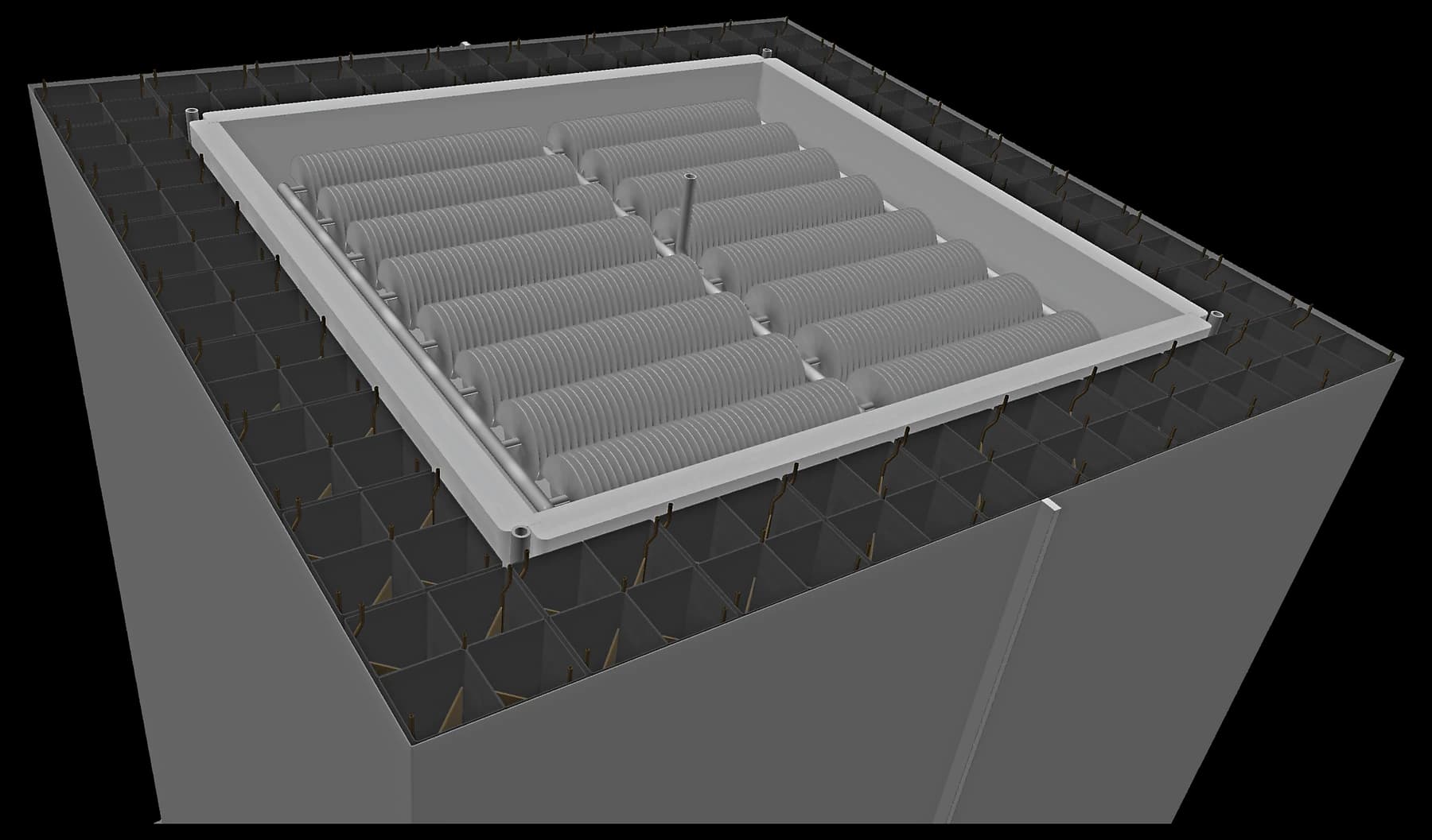 CAD-Ansicht des geöffneten Speichers mit Kammerstruktur und Rohrbündel
