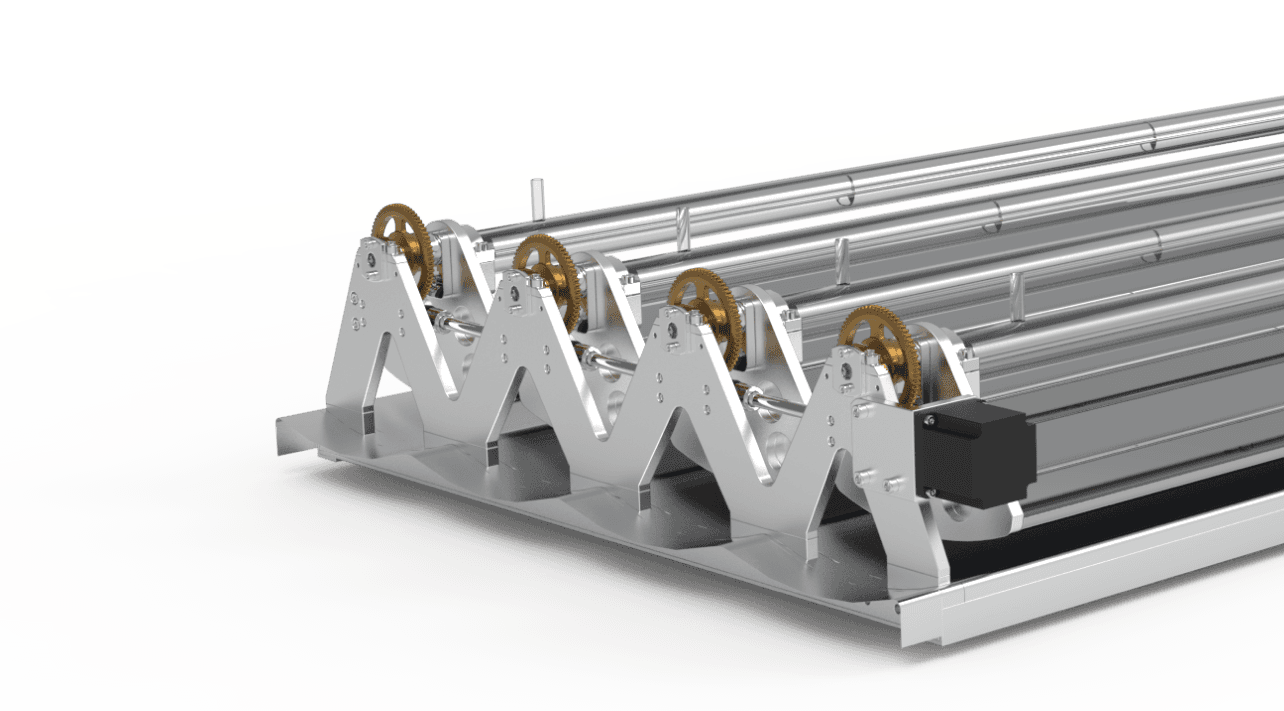 CAD-Render eines SolarSteamer-Moduls mit Parabolrinnenspiegeln und Absorberrohren