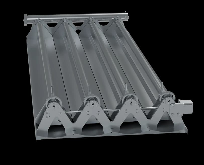 3D-Rendering des SolarSteamer-Moduls von der Antriebsseite mit Stützen, Zahnrädern und Motor